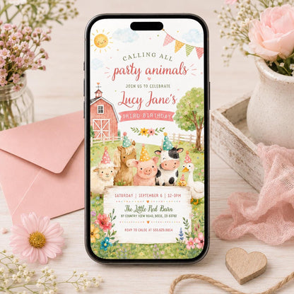 Pink Barnyard 3rd Birthday Invitation with Party Animals — watercolor 3rd birthday party design