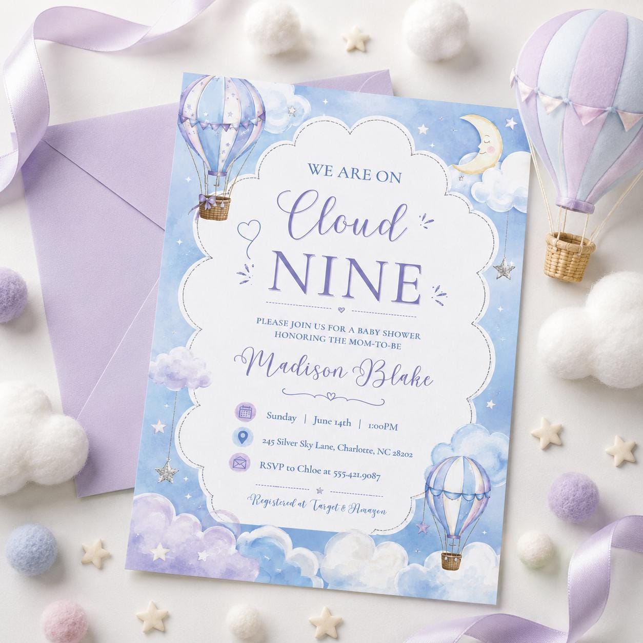 Cloud Nine Baby Shower Invitation Template, Printable Boho Cloud Baby Shower, Cloud 9 Baby Shower Evite, Blue Baby Shower, Boy Baby, Canva __etsy:8022553306