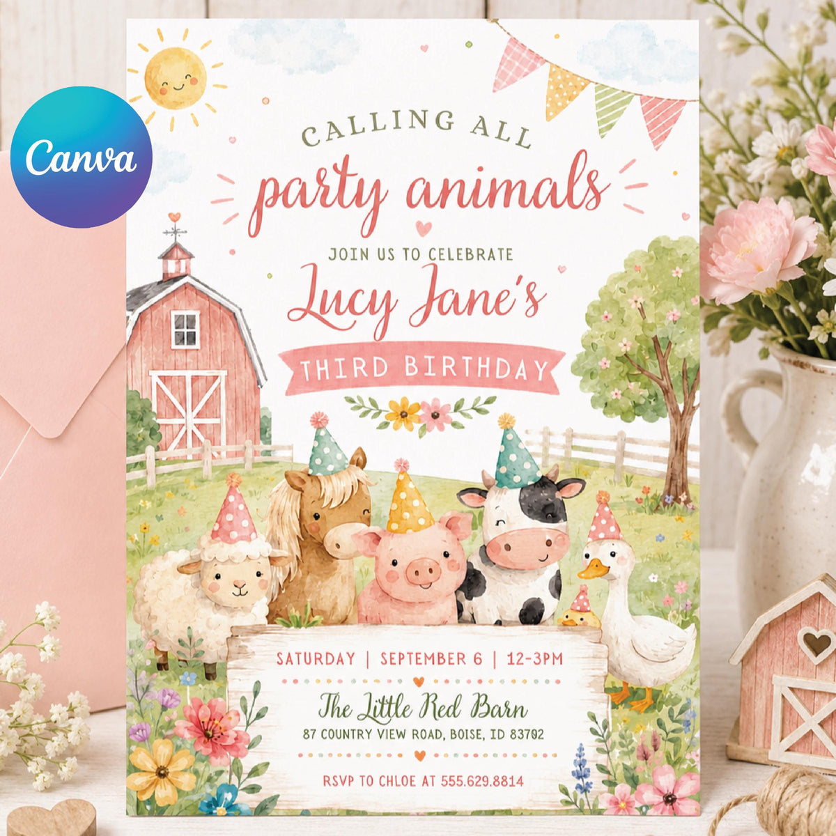 Pink Barnyard 3rd Birthday Invitation with Party Animals — editable Canva template