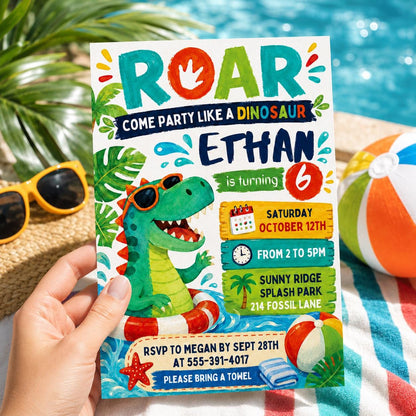 Editable Dinosaur Pool Party Invitation, Swim Dino Birthday invite, Dinosaur Pool Party Birthday, T-rex Dino Swim Invite, Canva __etsy:8022672446