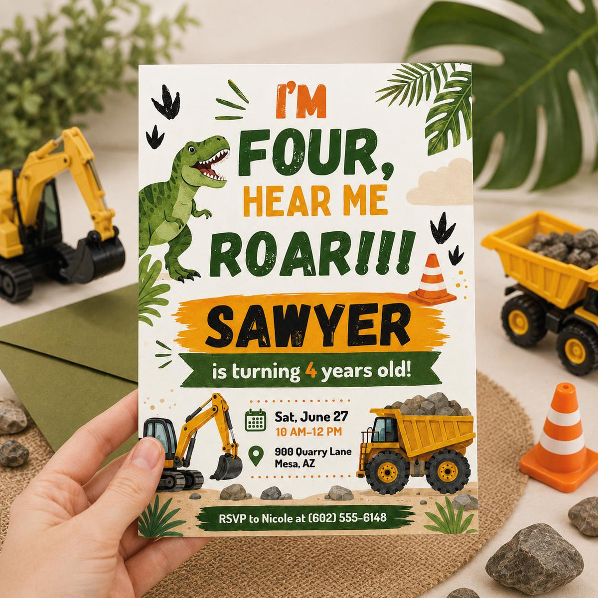 I’m four hear me roar! Construction truck and T-Rex dinosaur theme — print-ready 4th birthday party design from VoltBy