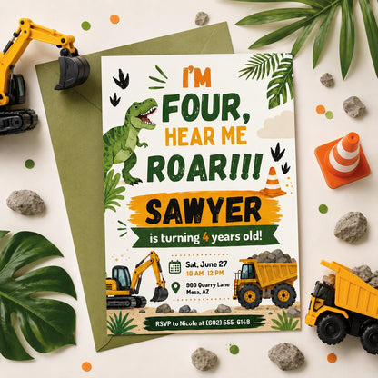 I’m four hear me roar! Construction truck and T-Rex dinosaur theme — 4th birthday party stationery by VoltBy
