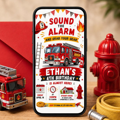 Sound the Alarm Fire Engine 4th Birthday Invitation — invitation you personalize in Canva