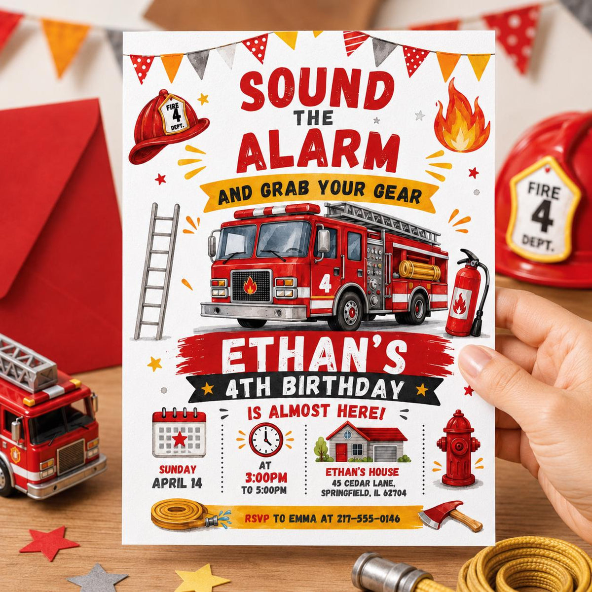 Sound the Alarm Fire Engine 4th Birthday Invitation — truck design