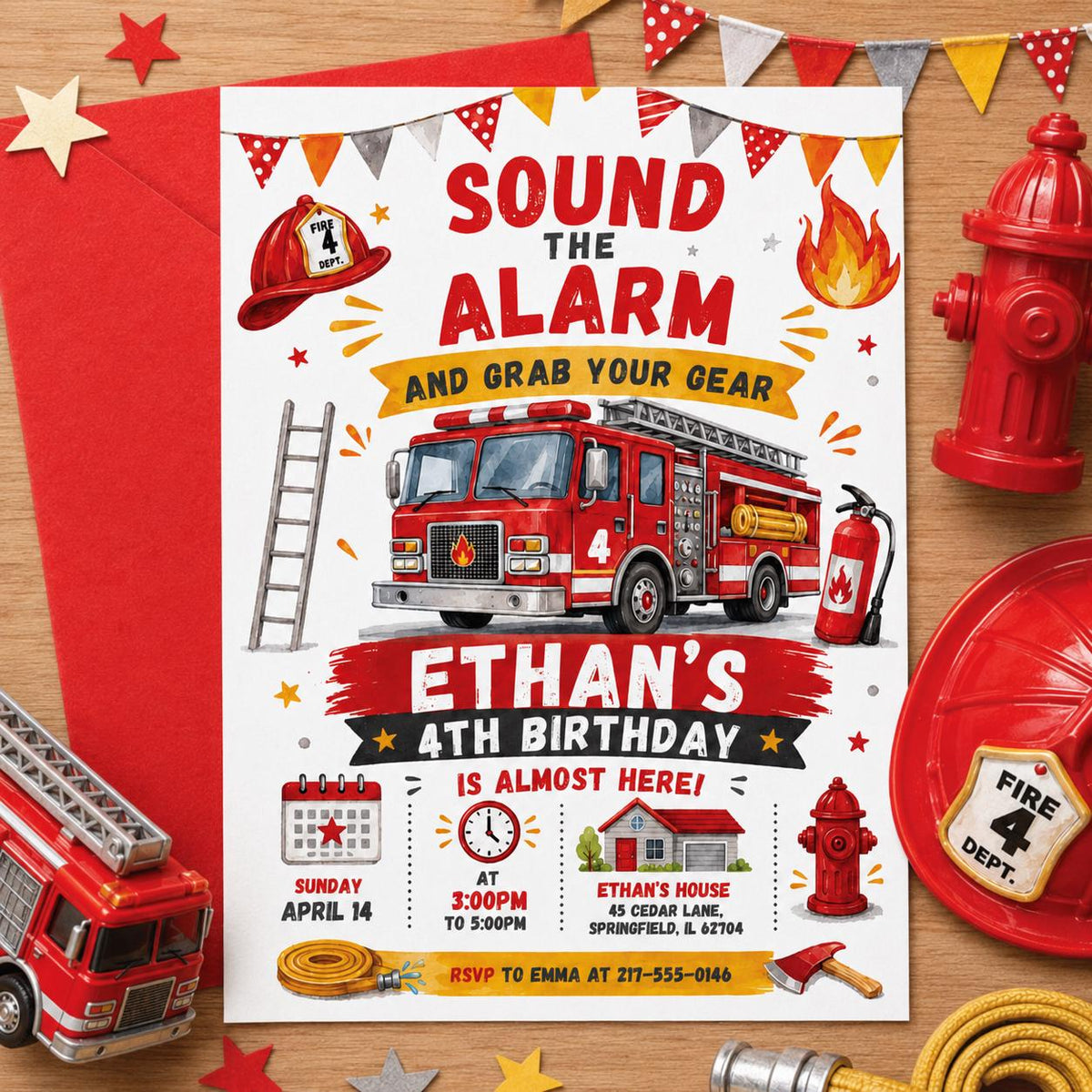 Sound the Alarm Fire Engine 4th Birthday Invitation — truck artwork in red and white