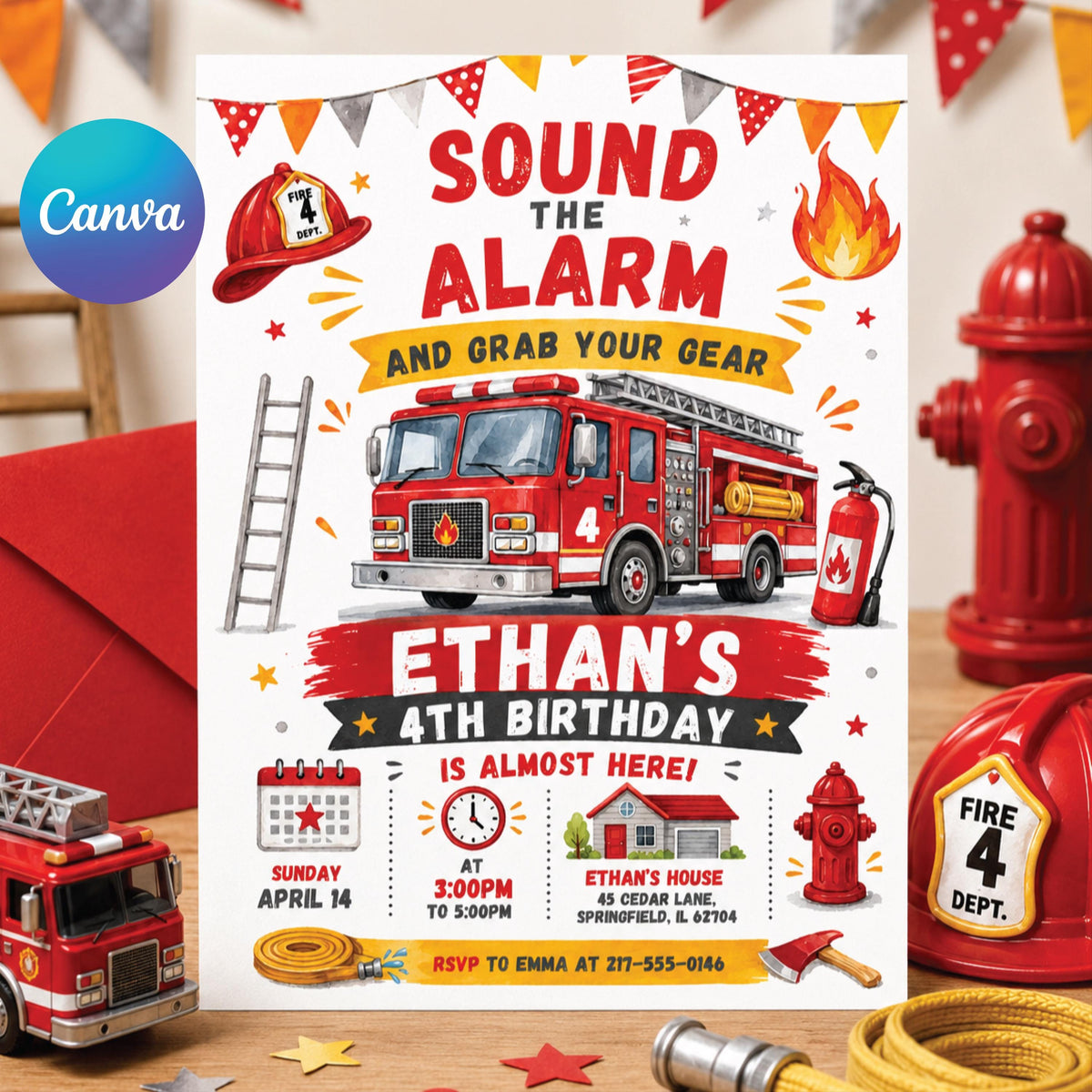 Sound the Alarm Fire Engine 4th Birthday Invitation — editable Canva template