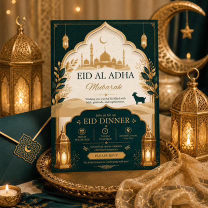 Emerald and Gold Eid al-Adha Dinner Invitation — mosque design