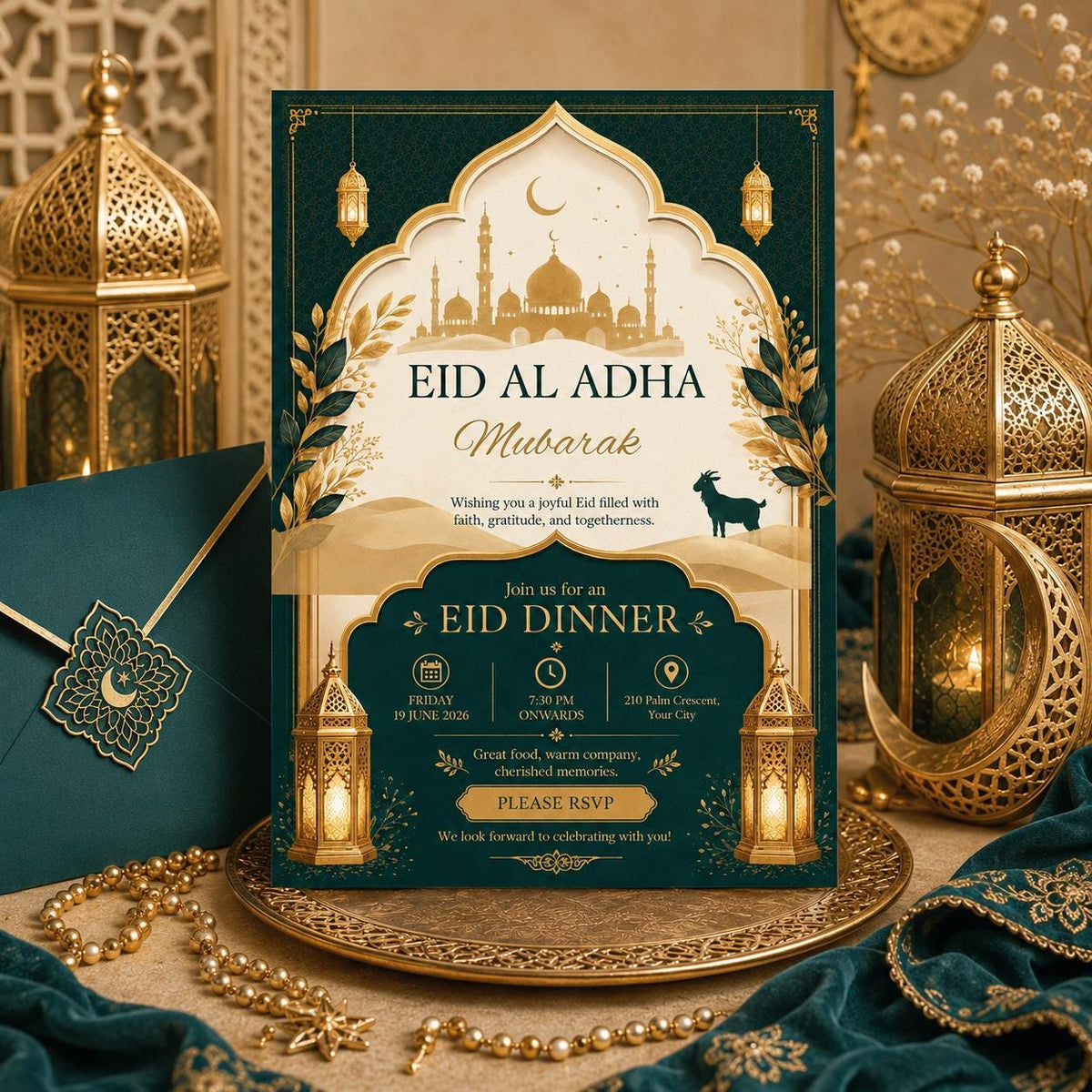 Emerald and Gold Eid al-Adha Dinner Invitation — mosque artwork in cream