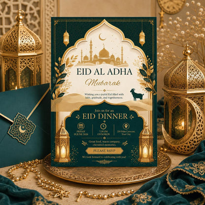 Emerald and Gold Eid al-Adha Dinner Invitation — mosque artwork in cream