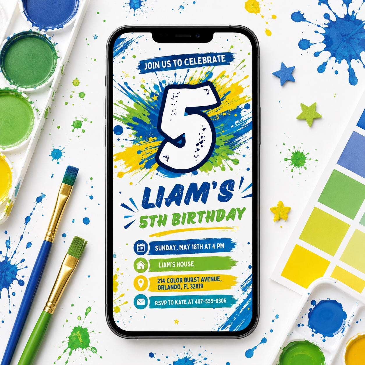 Splash Paint Boy Birthday Invitation, Fun Paint Birthday Invite, 5Th Boy Birthday Invitation, Editable Canva Template __etsy:8023683748