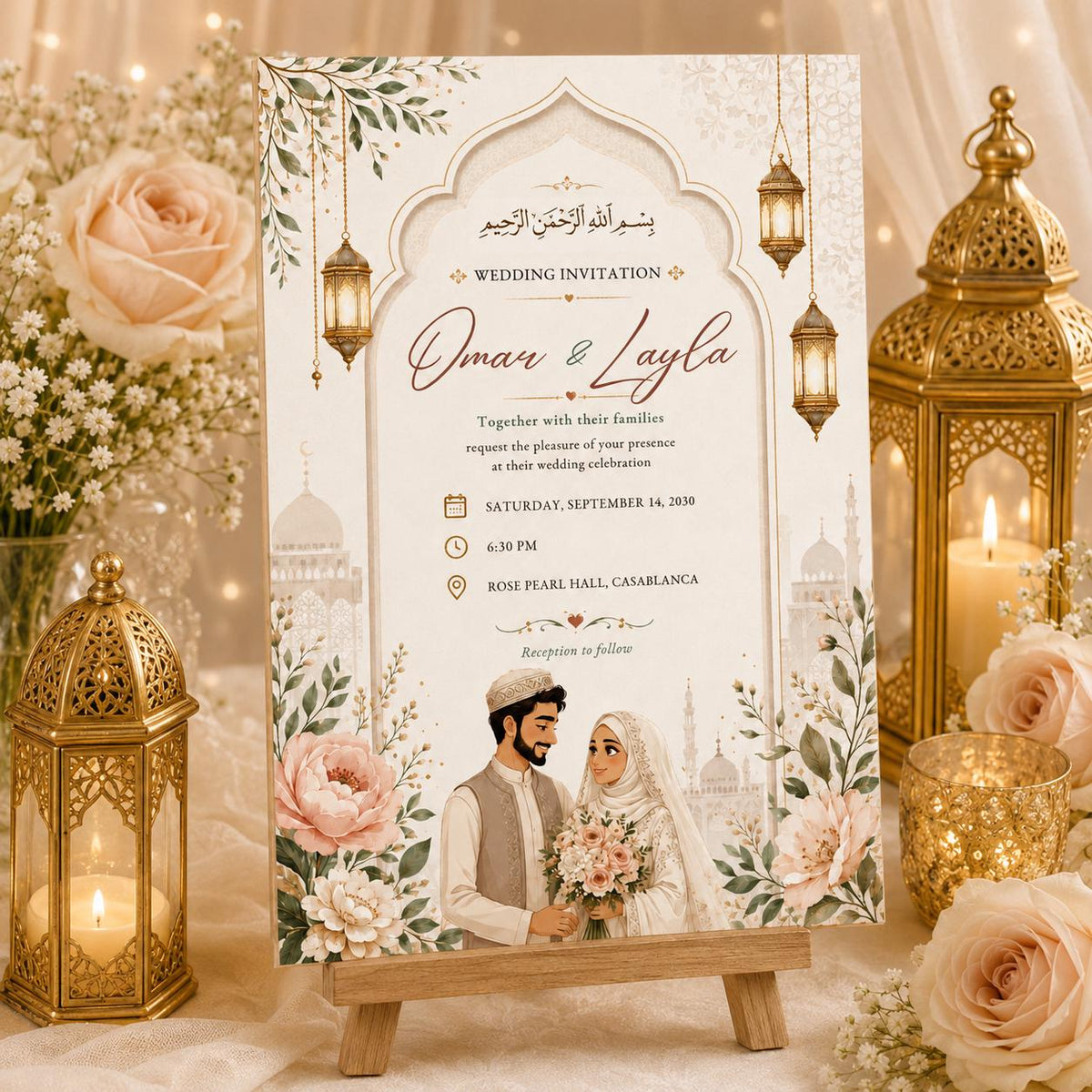 Islamic Wedding Invitation with Bride and Groom Illustration — floral wedding design