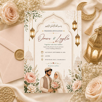 Islamic Wedding Invitation with Bride and Groom Illustration — invitation you personalize in Canva