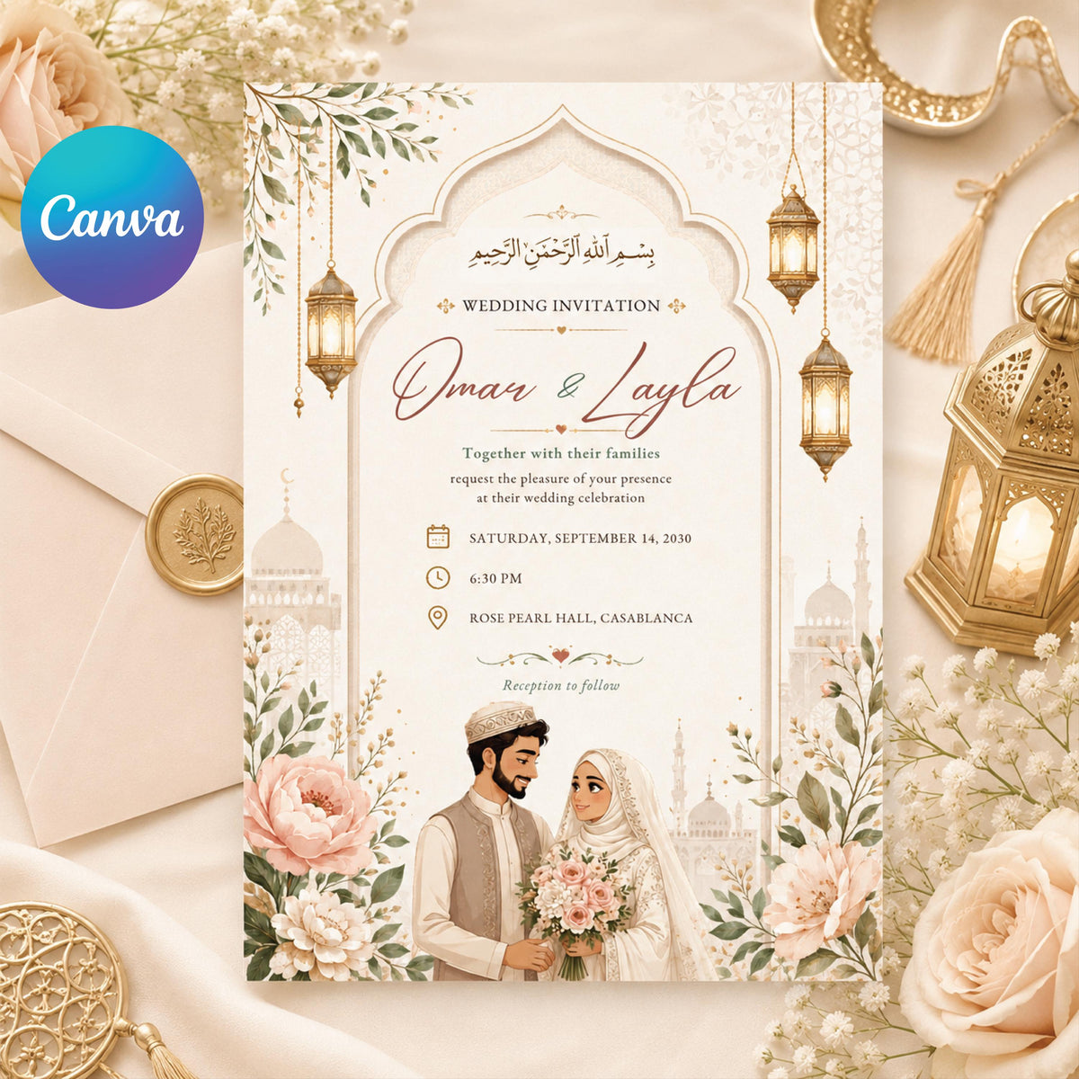 Islamic Wedding Invitation with Bride and Groom Illustration — editable Canva template