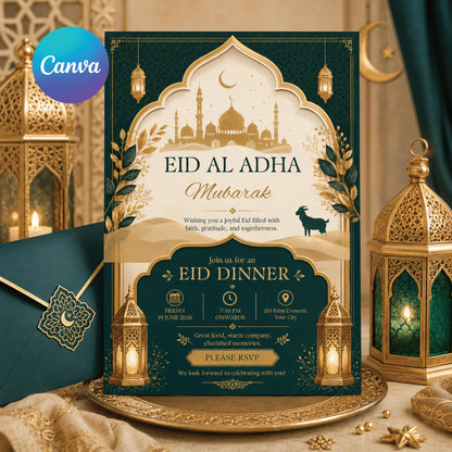 Emerald and Gold Eid al-Adha Dinner Invitation — editable Canva template