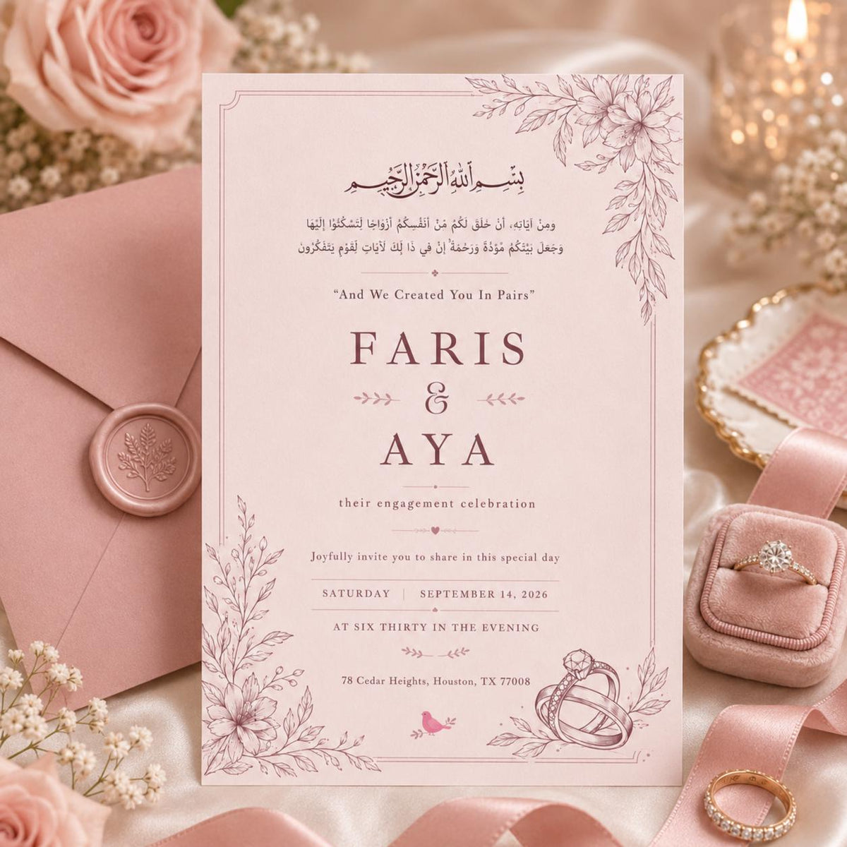 Blush Pink Islamic Wedding Invitation with Botanical Corners — wedding stationery by VoltBy