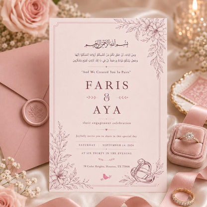 Blush Pink Islamic Wedding Invitation with Botanical Corners — wedding stationery by VoltBy