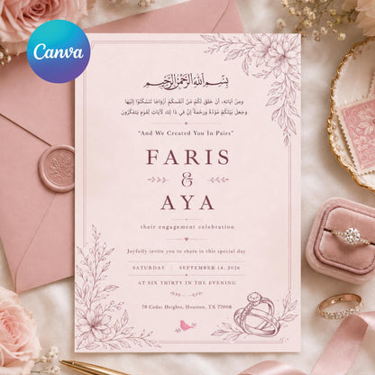 Blush Pink Islamic Wedding Invitation with Botanical Corners — editable Canva template