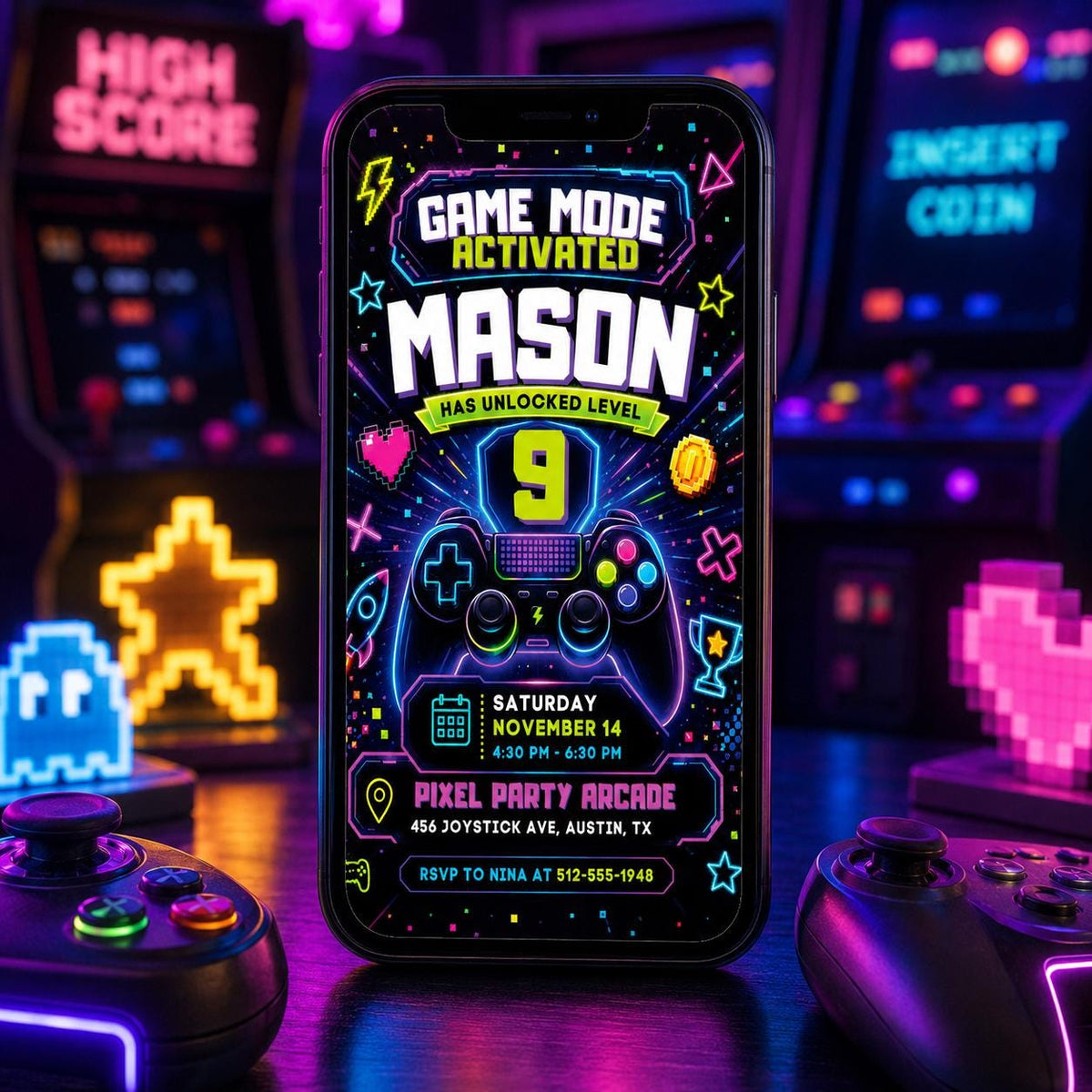 Game Mode Activated 9th Birthday Invitation — neon 9th birthday party design