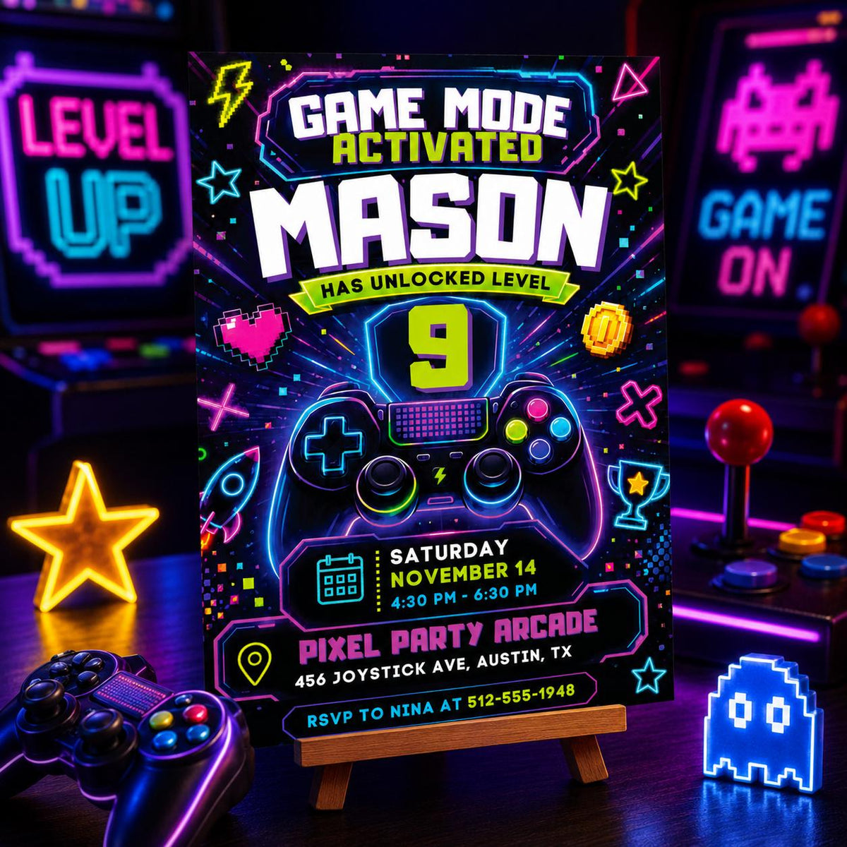 Game Mode Activated 9th Birthday Invitation — print-ready 9th birthday party design from VoltBy