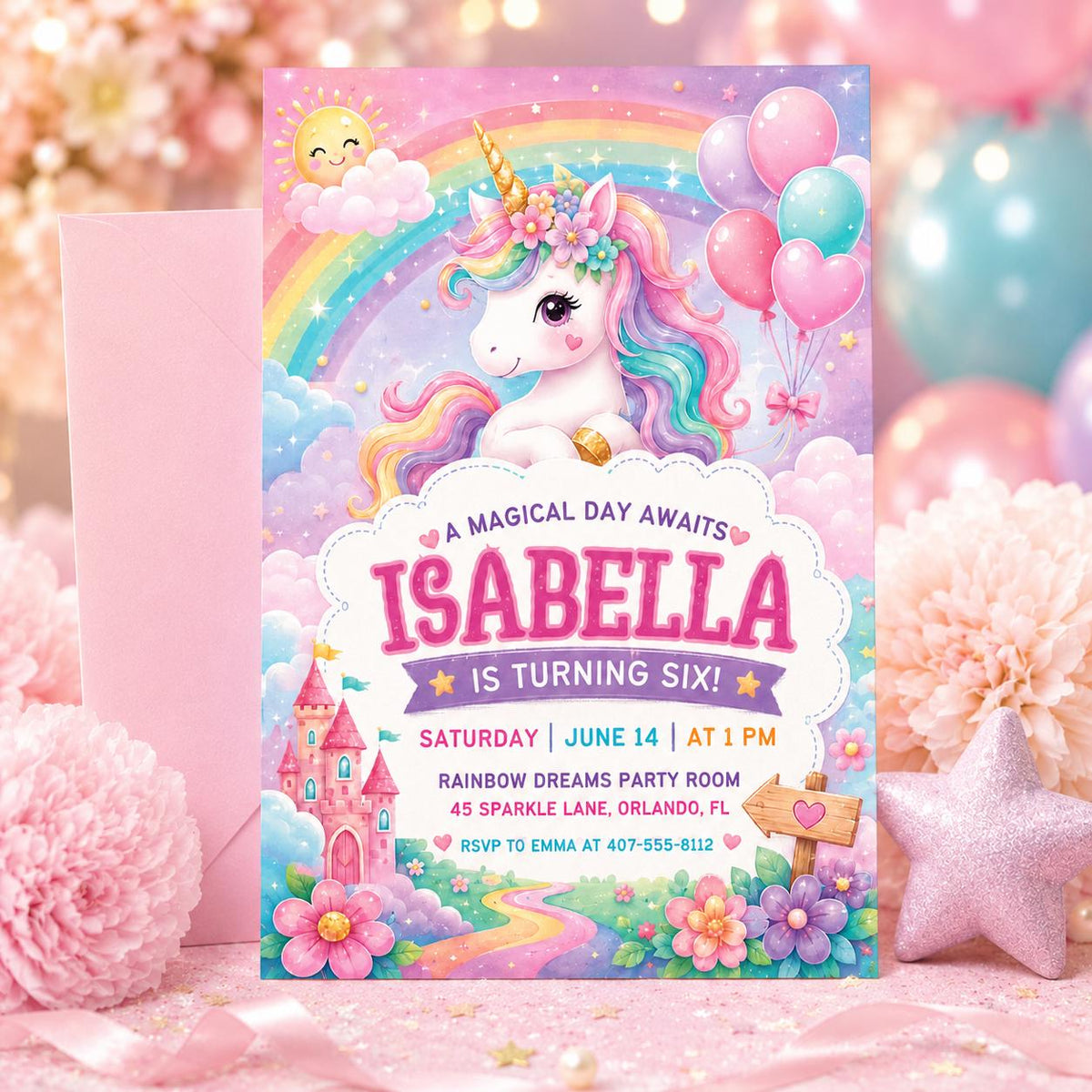Pastel Unicorn 6th Birthday Invitation with Rainbow Castle — digital invitation, instant download