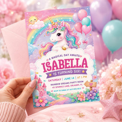 Pastel Unicorn 6th Birthday Invitation with Rainbow Castle — 6th birthday party stationery by VoltBy