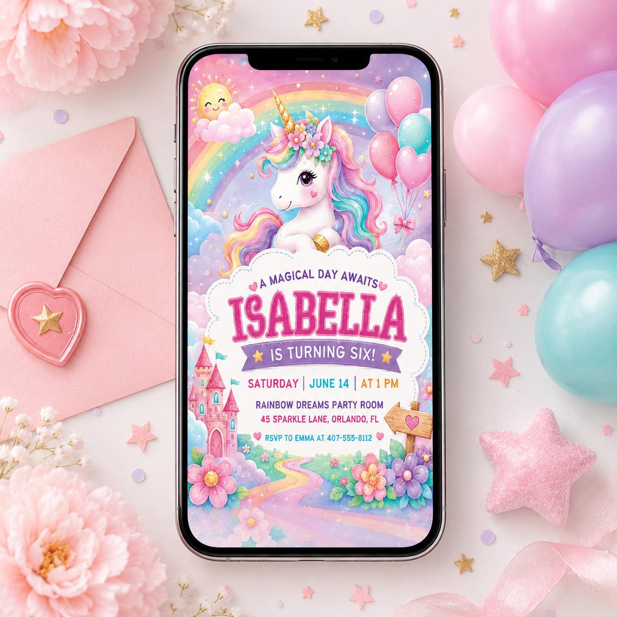 Pastel Unicorn 6th Birthday Invitation with Rainbow Castle — invitation you personalize in Canva
