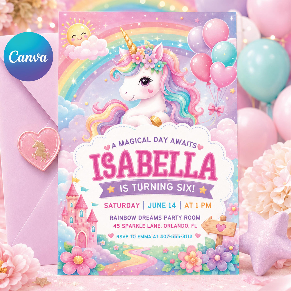 Pastel Unicorn 6th Birthday Invitation with Rainbow Castle — editable Canva template
