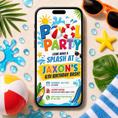 Splash Pool Party 6th Birthday Invitation in Blue and Yellow — beach artwork in red
