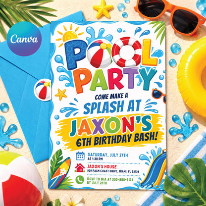Splash Pool Party 6th Birthday Invitation in Blue and Yellow — editable Canva template