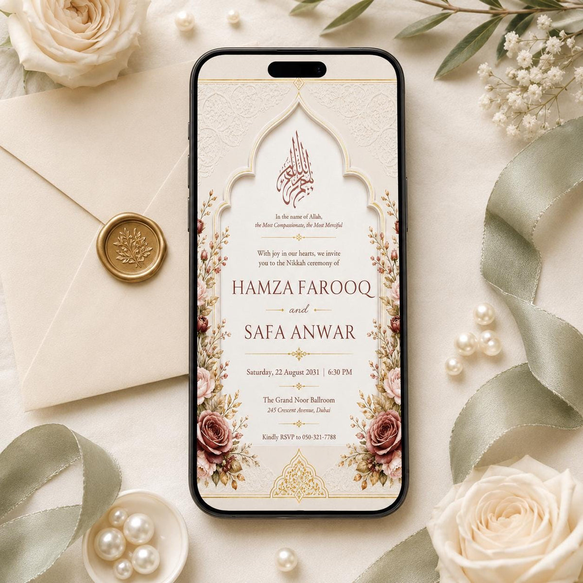Floral Nikah Invitation with Ivory Arch and Rose Corners — invitation you personalize in Canva