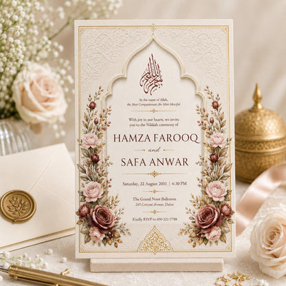 Floral Nikah Invitation with Ivory Arch and Rose Corners — digital invitation, instant download