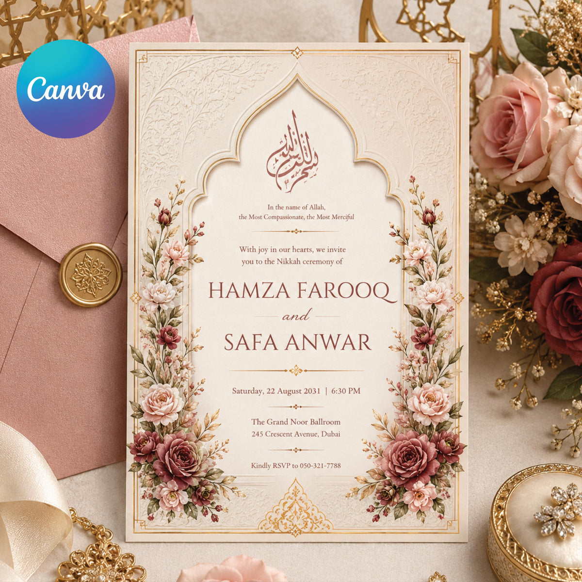 Floral Nikah Invitation with Ivory Arch and Rose Corners — editable Canva template
