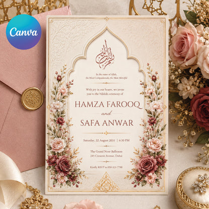 Floral Nikah Invitation with Ivory Arch and Rose Corners — editable Canva template