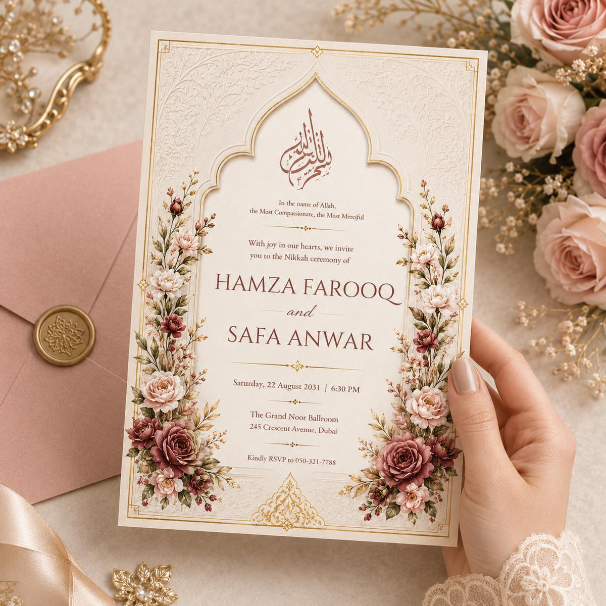 Floral Nikah Invitation with Ivory Arch and Rose Corners — invitation you personalize in Canva