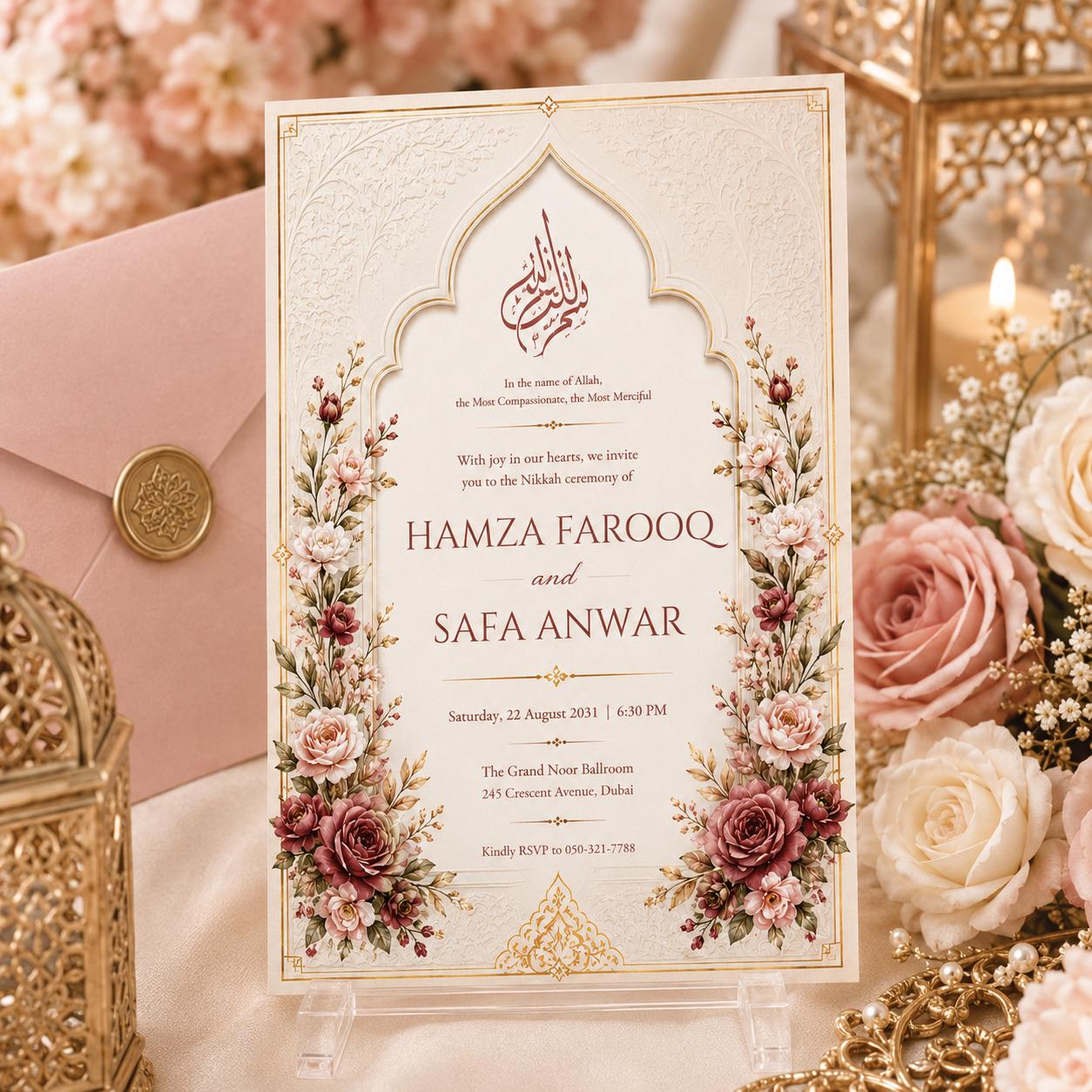 Editable Wedding Invitation Template, Islamic Floral Design, Elegant Islamic Wedding Invitation, Arabic Calligraphy Canva Template __etsy:8024450352