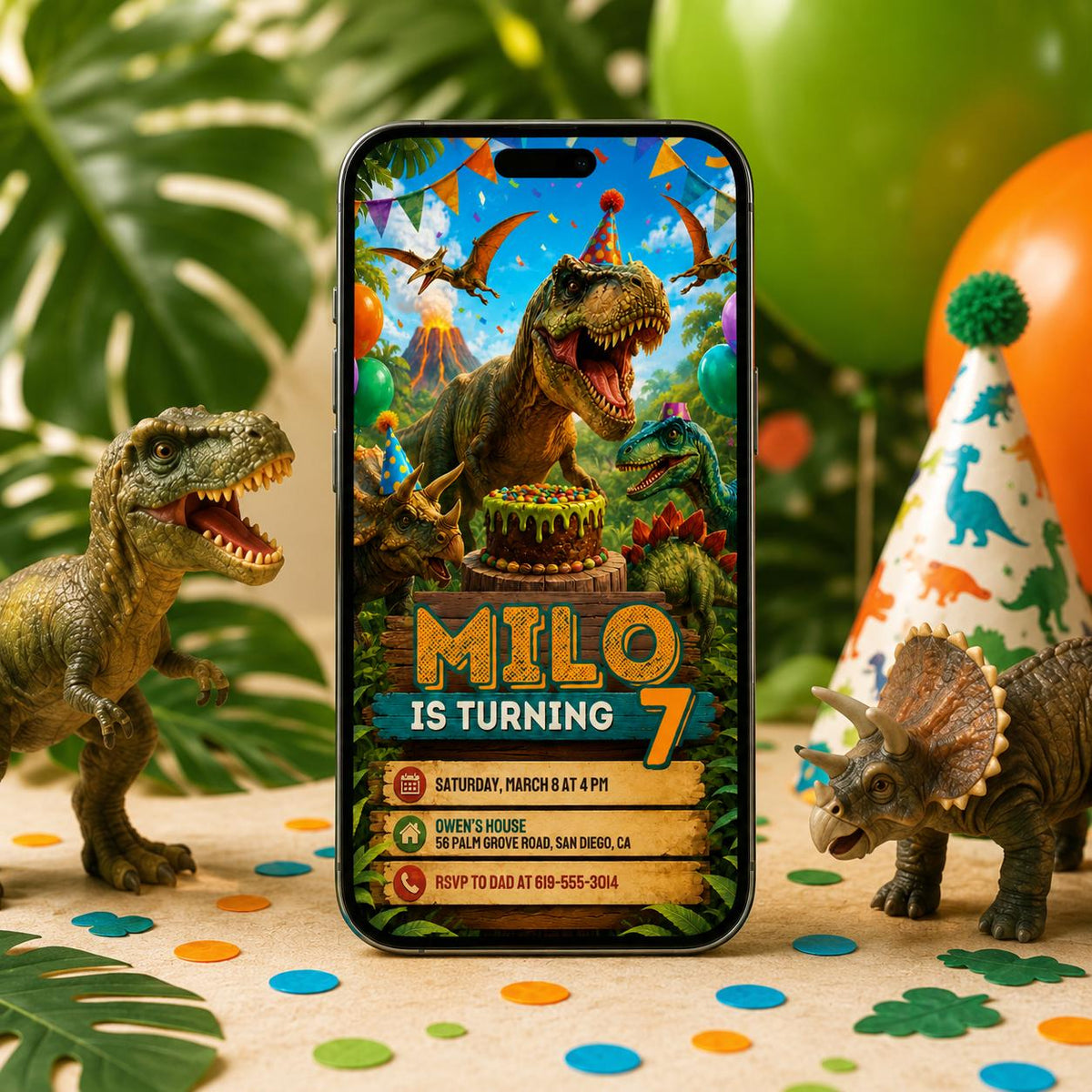 Dinosaur Cake Party 7th Birthday Invitation — invitation you personalize in Canva