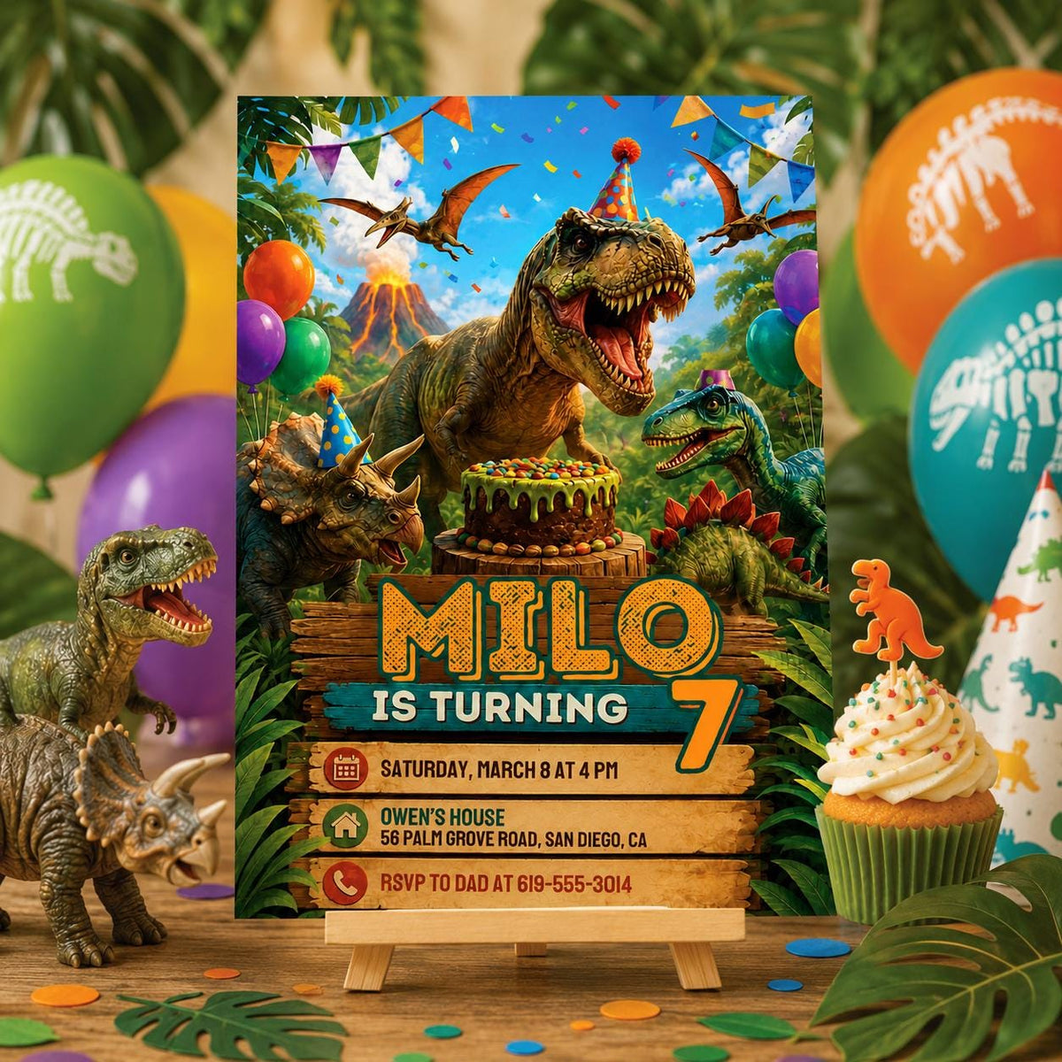 Dinosaur Cake Party 7th Birthday Invitation — balloon artwork in blue and green