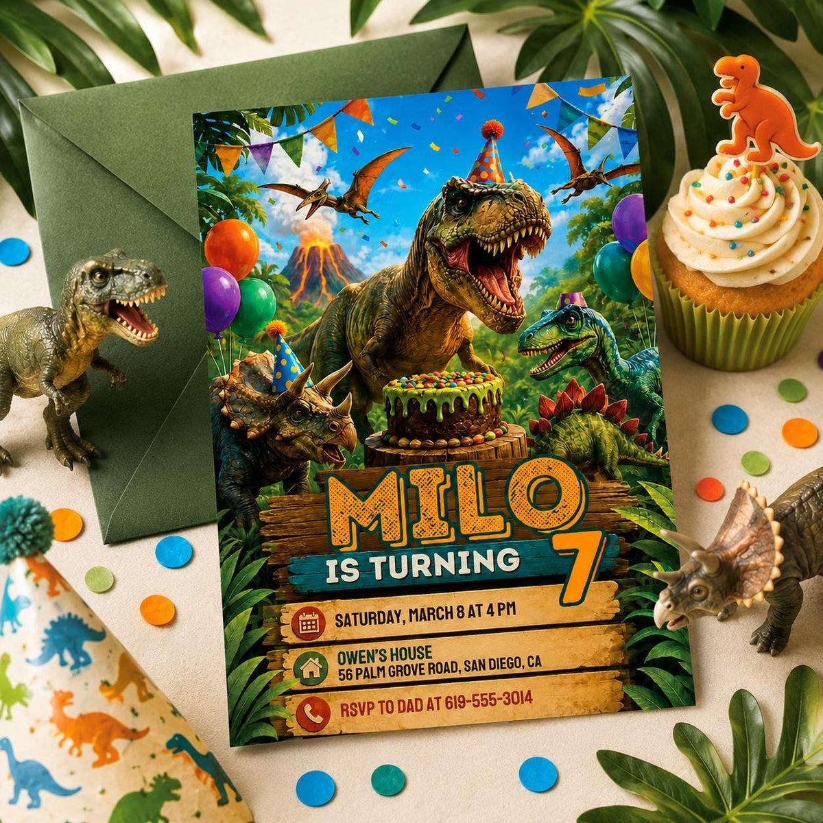 Dinosaur Cake Party 7th Birthday Invitation — print-ready 7th birthday party design from VoltBy