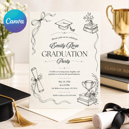 Graduation Doodle Invitation with Books and Bow — editable Canva template
