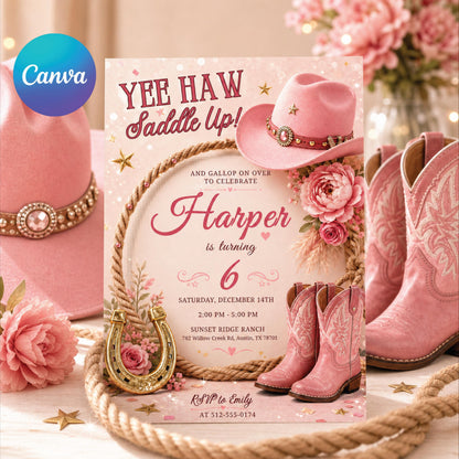 Pink Cowgirl 6th Birthday Invitation with Roses — editable Canva template