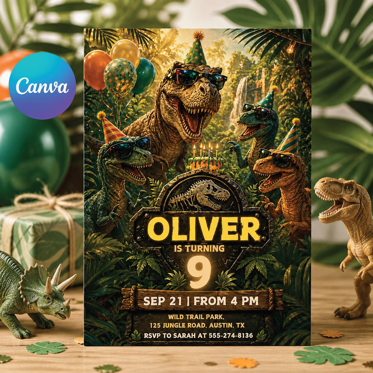 Dinosaur Invitation — editable Canva template