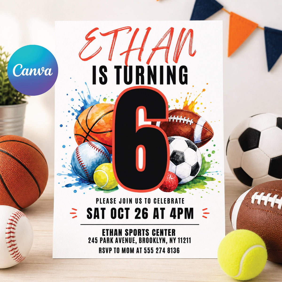 All-Star Sports 6th Birthday Invitation with Basketball and Baseball — editable Canva template
