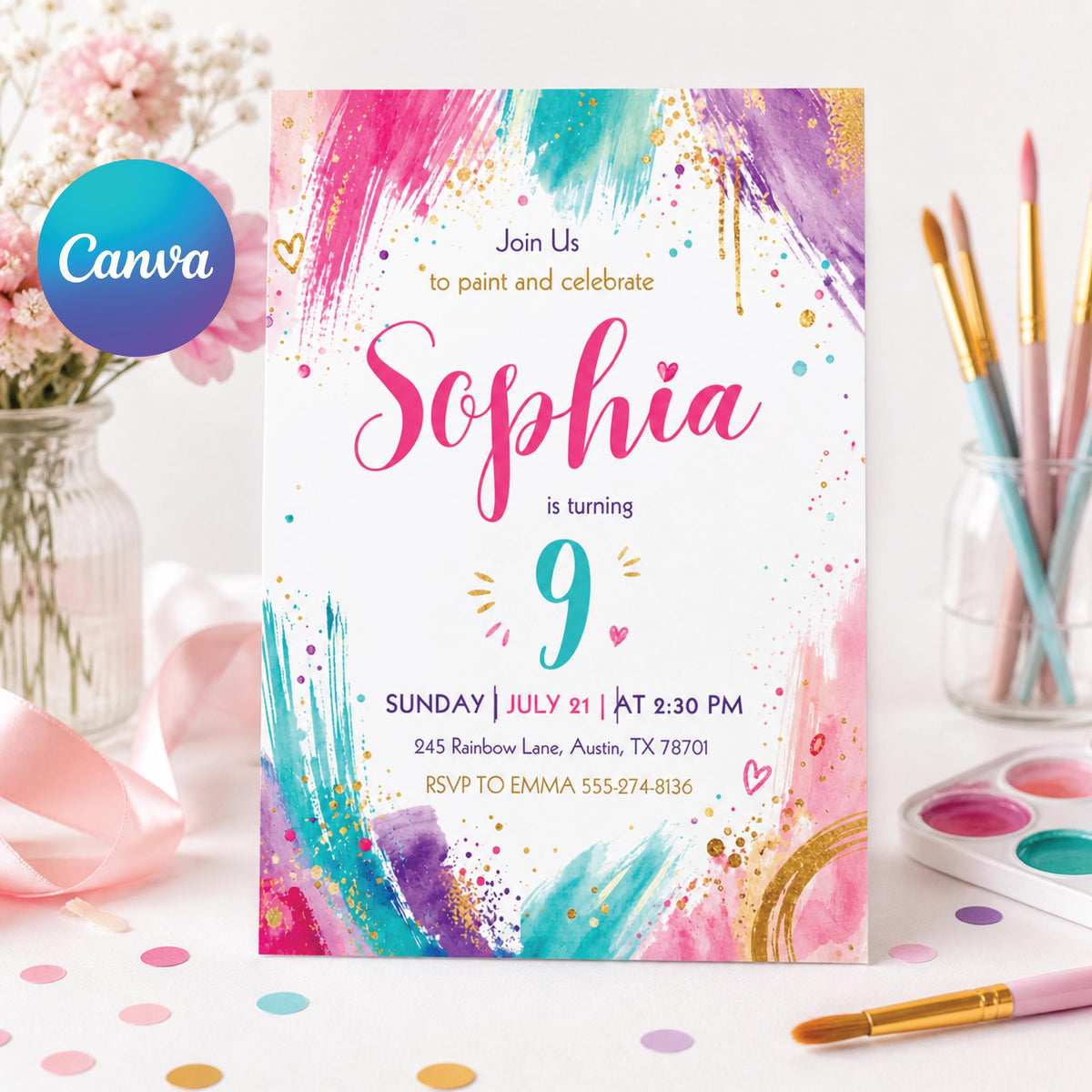 Rainbow Watercolor Painting Birthday Invitation — editable Canva template