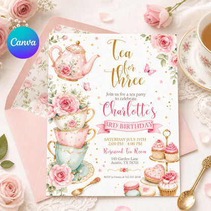 Rose Tea for Three Birthday Invitation with Stacked Cups — editable Canva template