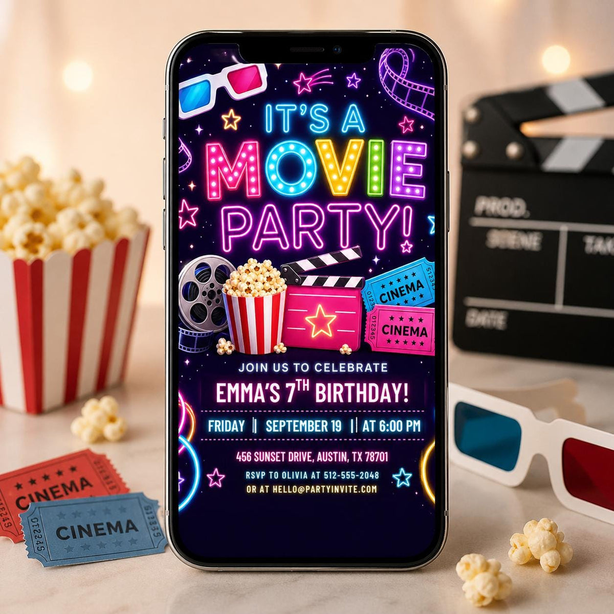 Neon Movie Party 7th Birthday Invitation — print-ready 7th birthday party design from VoltBy