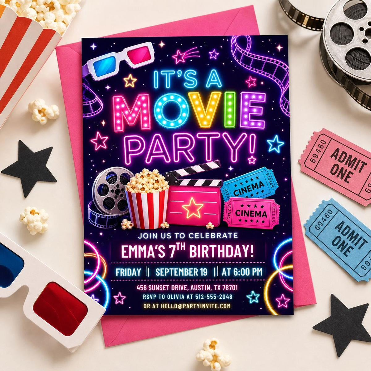 Neon Movie Party 7th Birthday Invitation — invitation you personalize in Canva