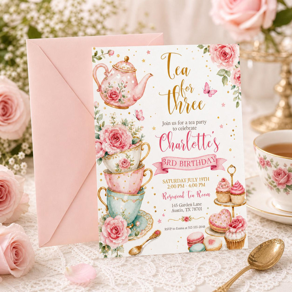 Rose Tea for Three Birthday Invitation with Stacked Cups — watercolor 3rd birthday party design