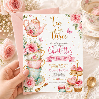 Rose Tea for Three Birthday Invitation with Stacked Cups — digital invitation, instant download