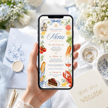 Coastal Wedding Menu Template, Hand-Painted Watercolor, Editable Canva Menu Template: Sophia & Benjamin Wedding Dinner, Canva Template __etsy:8025867976