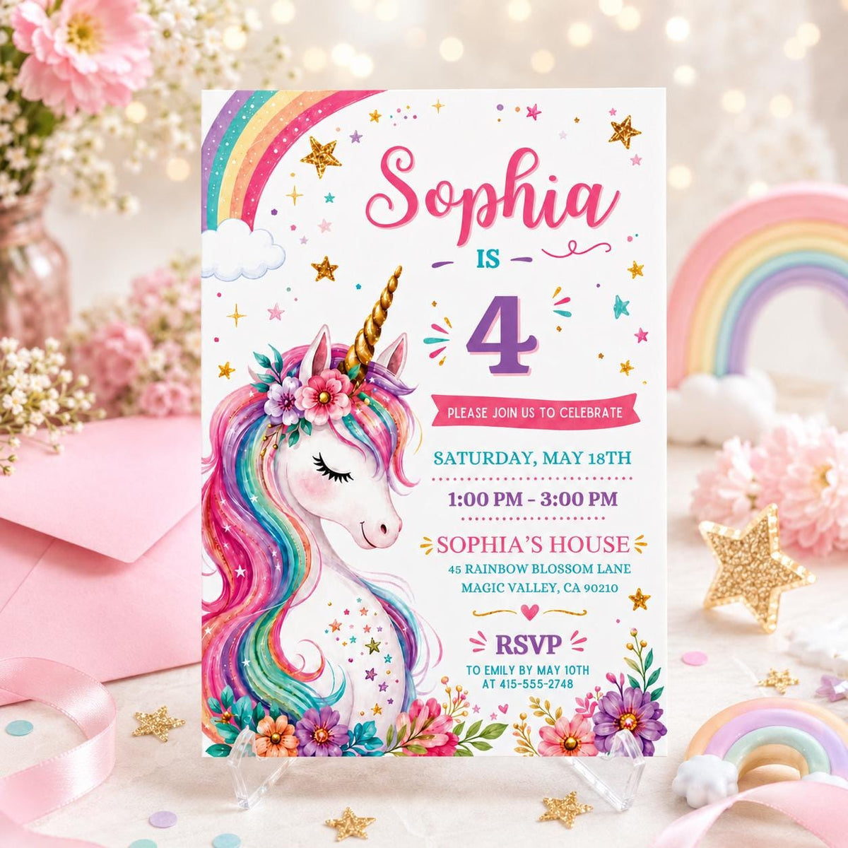 Floral Unicorn 4th Birthday Invitation with Gold Horn — invitation you personalize in Canva